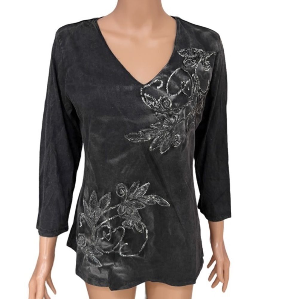 Parsley & Sage Floral Appliqué Cotton Blend Charcoal Grey top size M NWO…